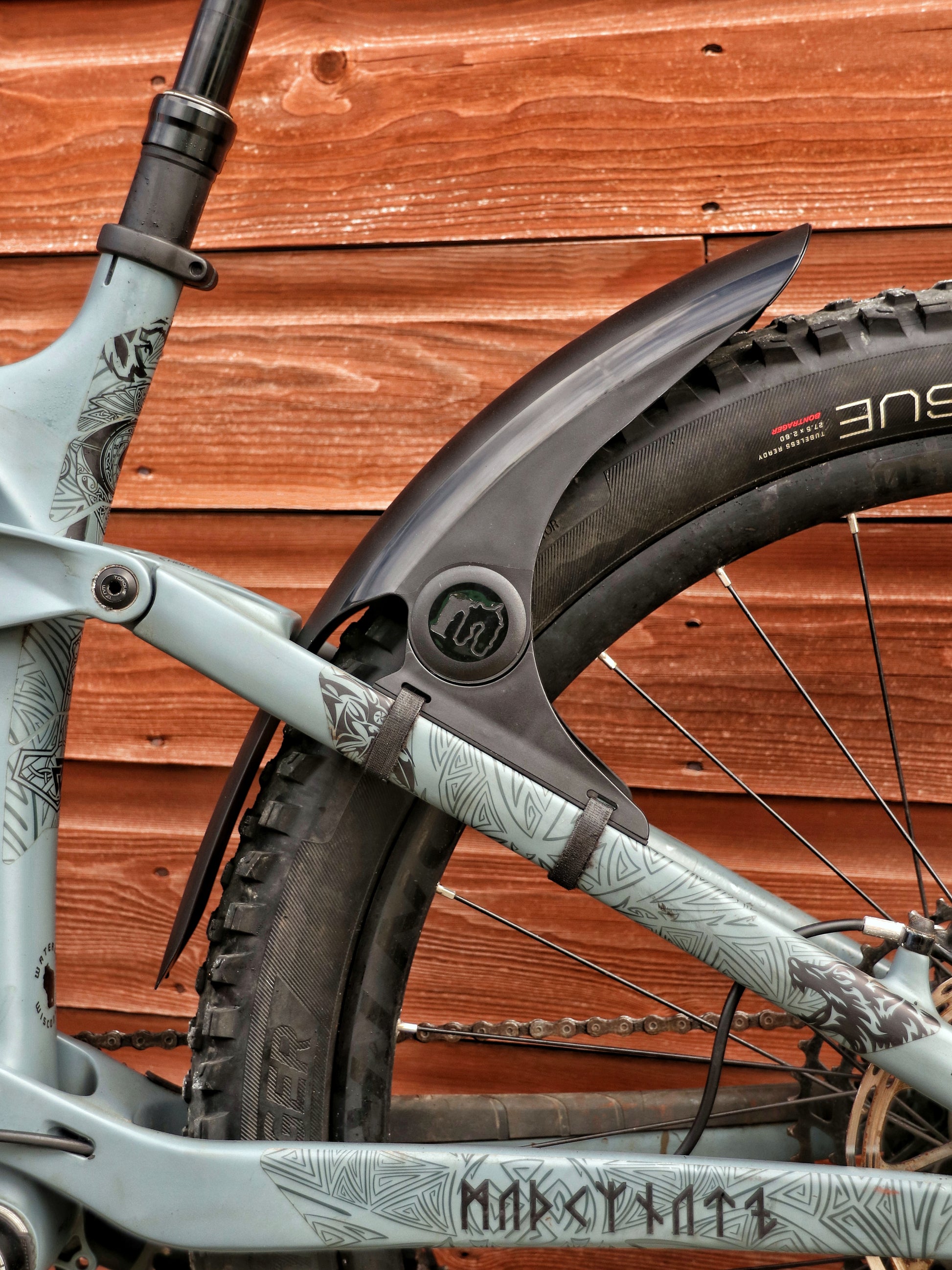 Mucky Nuts Rear MugGuard mudguard, short setup, side view, recycled plastic, cycling gifts, mtb gift ideas
