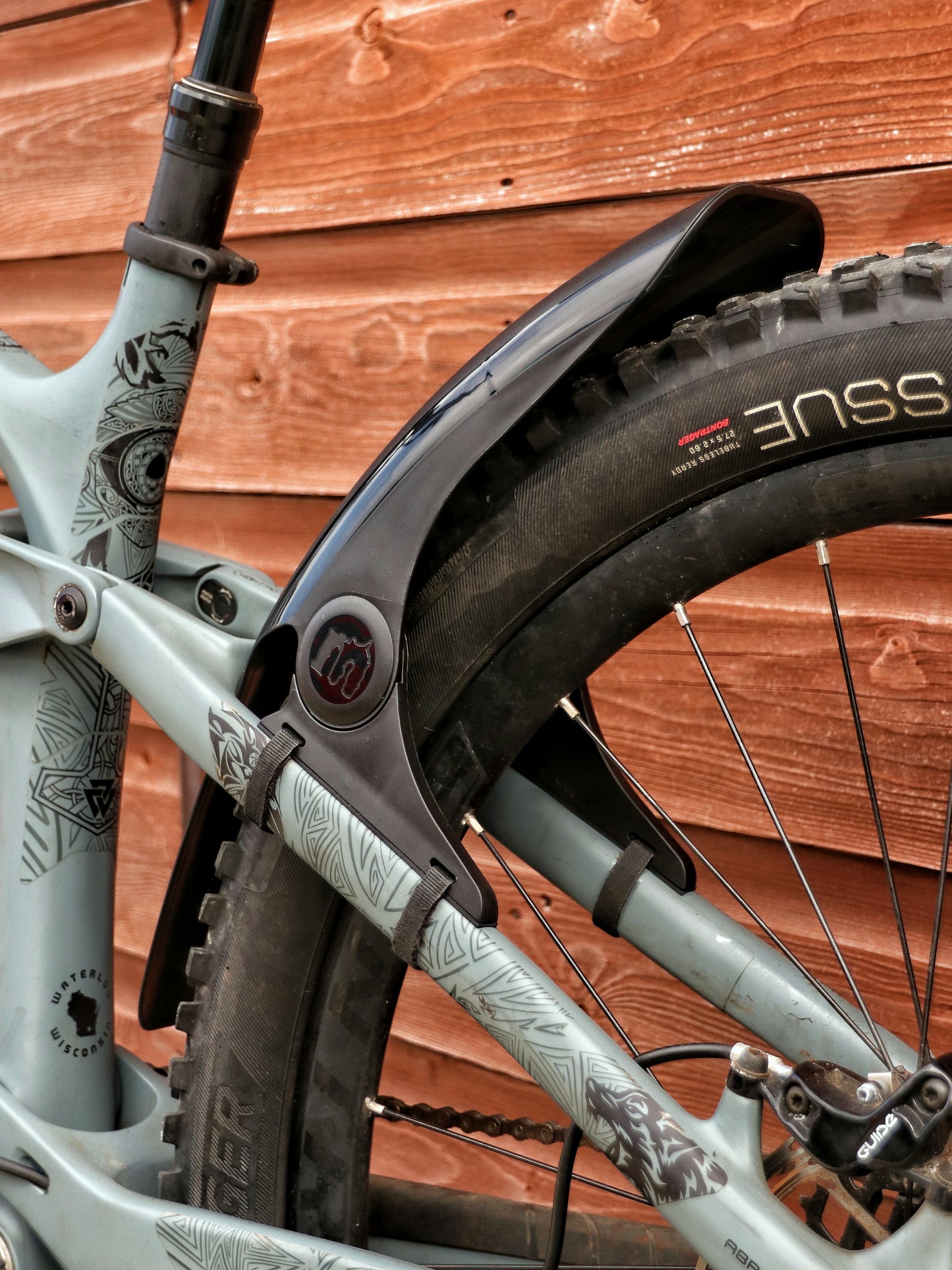 Mucky Nuts Rear MugGuard mudguard, short setup, 3 quarter view on bike, recycled plastic, cycling gifts, mtb gift ideas