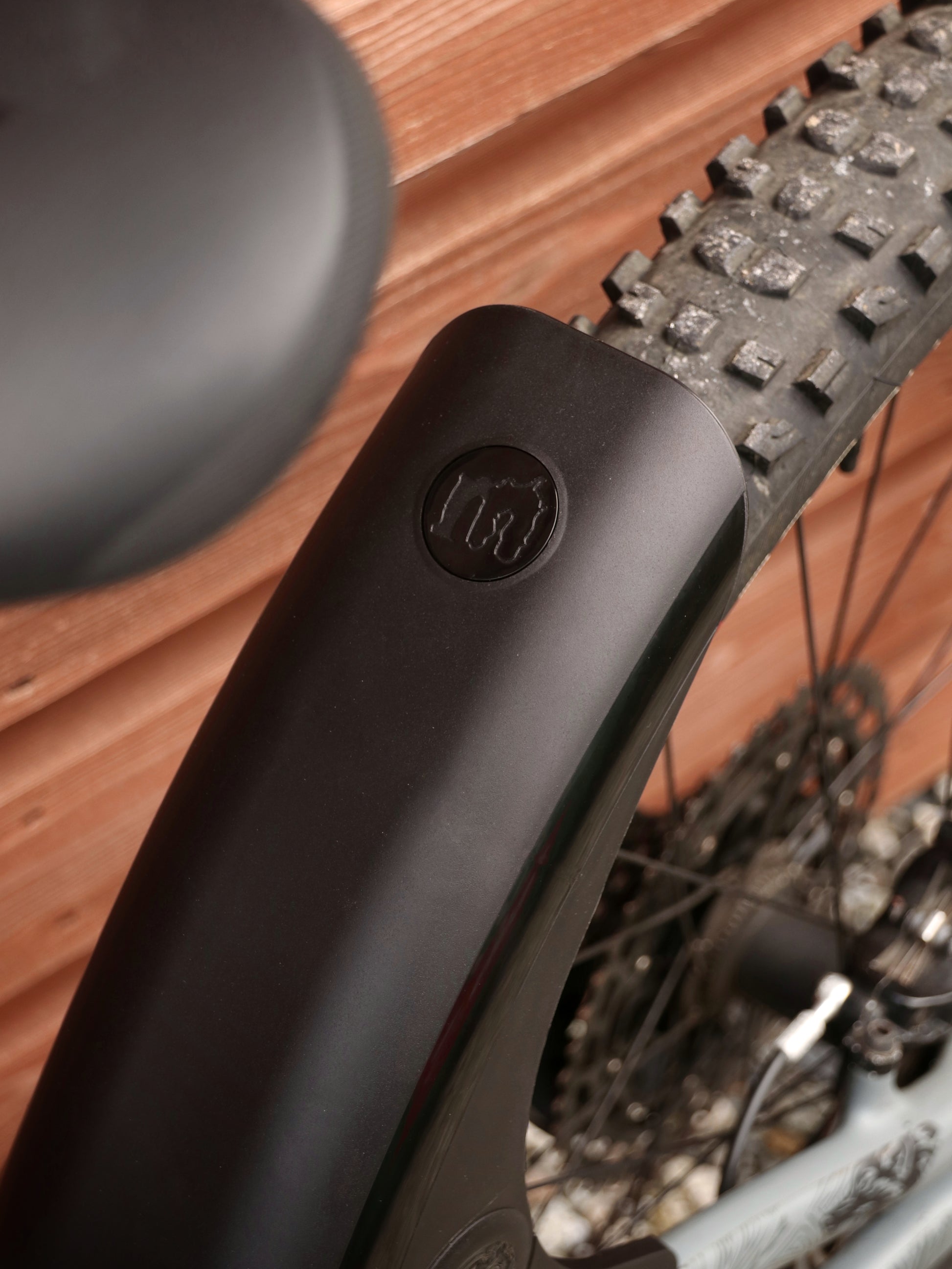 Mucky Nuts Rear MugGuard mudguard, short setup, close up on bike, recycled plastic, cycling gifts, mtb gift ideas