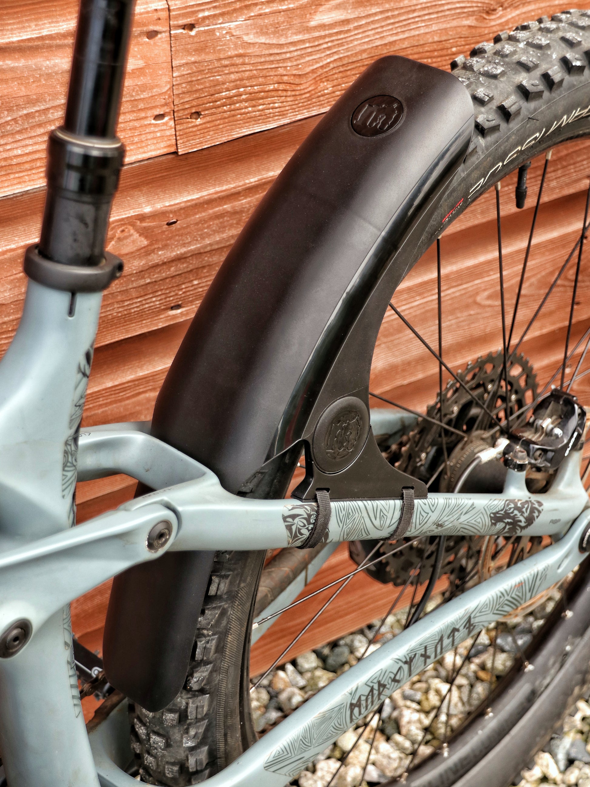 Mucky Nuts Rear MugGuard mudguard, short setup, 3 quarter view on bike, recycled plastic, cycling gifts, mtb gift ideas