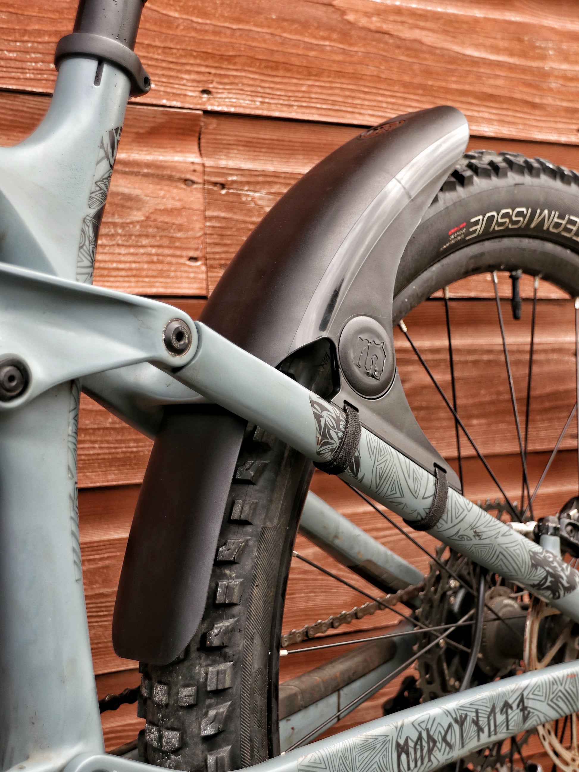 Mucky Nuts Rear MugGuard mudguard, short setup, 3 quarter view on bike, recycled plastic