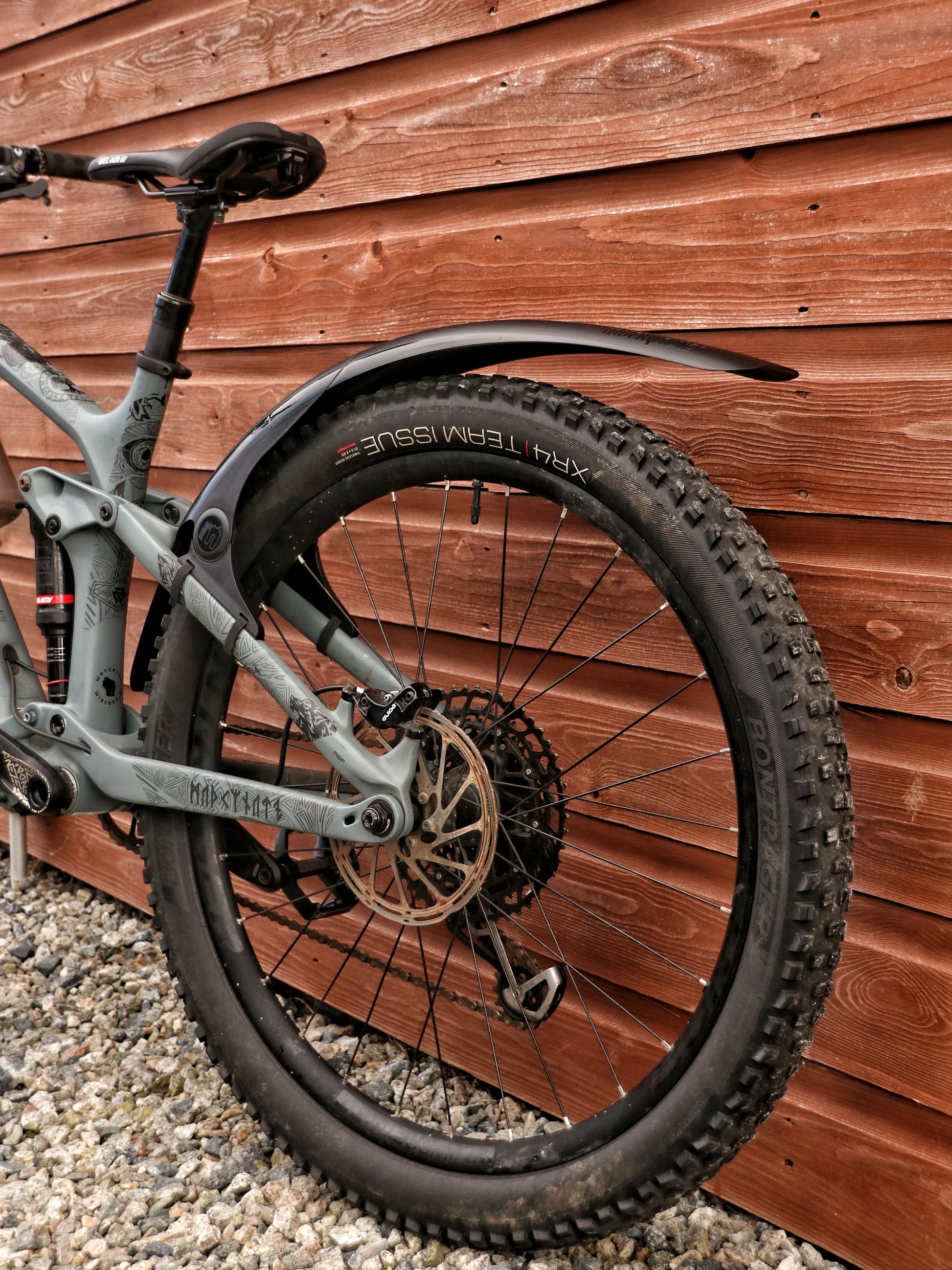 Mucky Nuts Rear MugGuard mudguard, long setup, 3 quarter view from rear of bike, recycled plastic, cycling gifts, mtb gift ideas