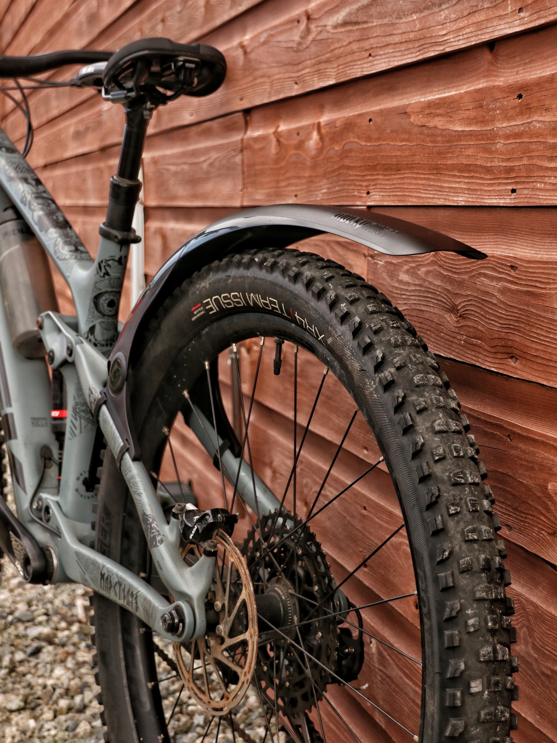 Mucky Nuts Rear MugGuard mudguard, long setup, 3 quarter view from rear of bike, recycled plastic, cycling gifts, mtb gift ideas
