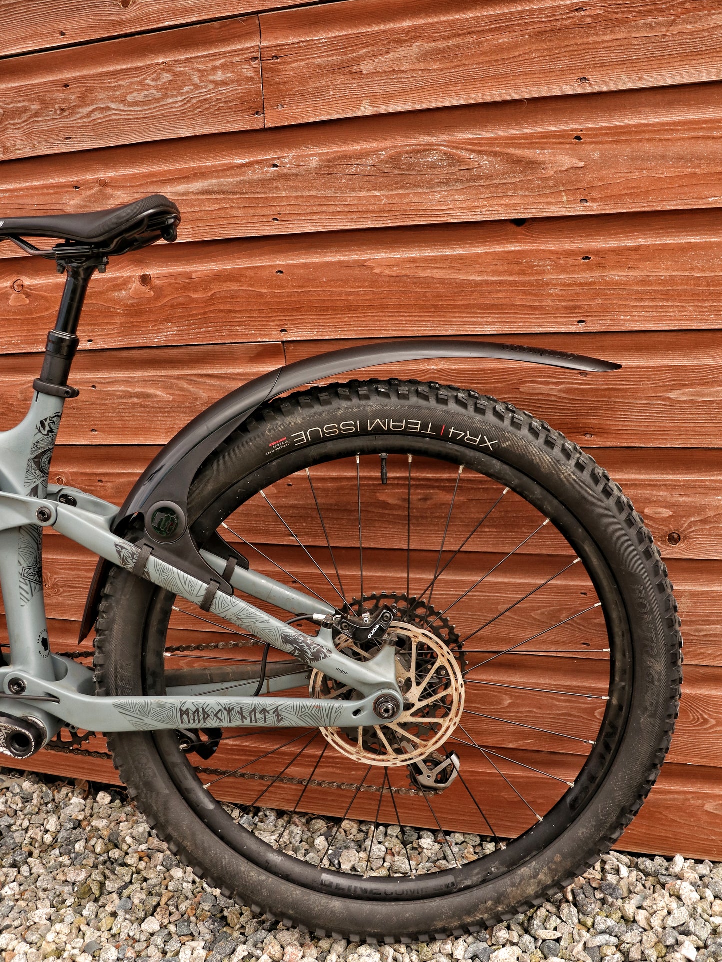 Mucky Nuts Rear MugGuard mudguard, long setup, side view on bike, recycled plastic, cycling gifts, mtb gift ideas