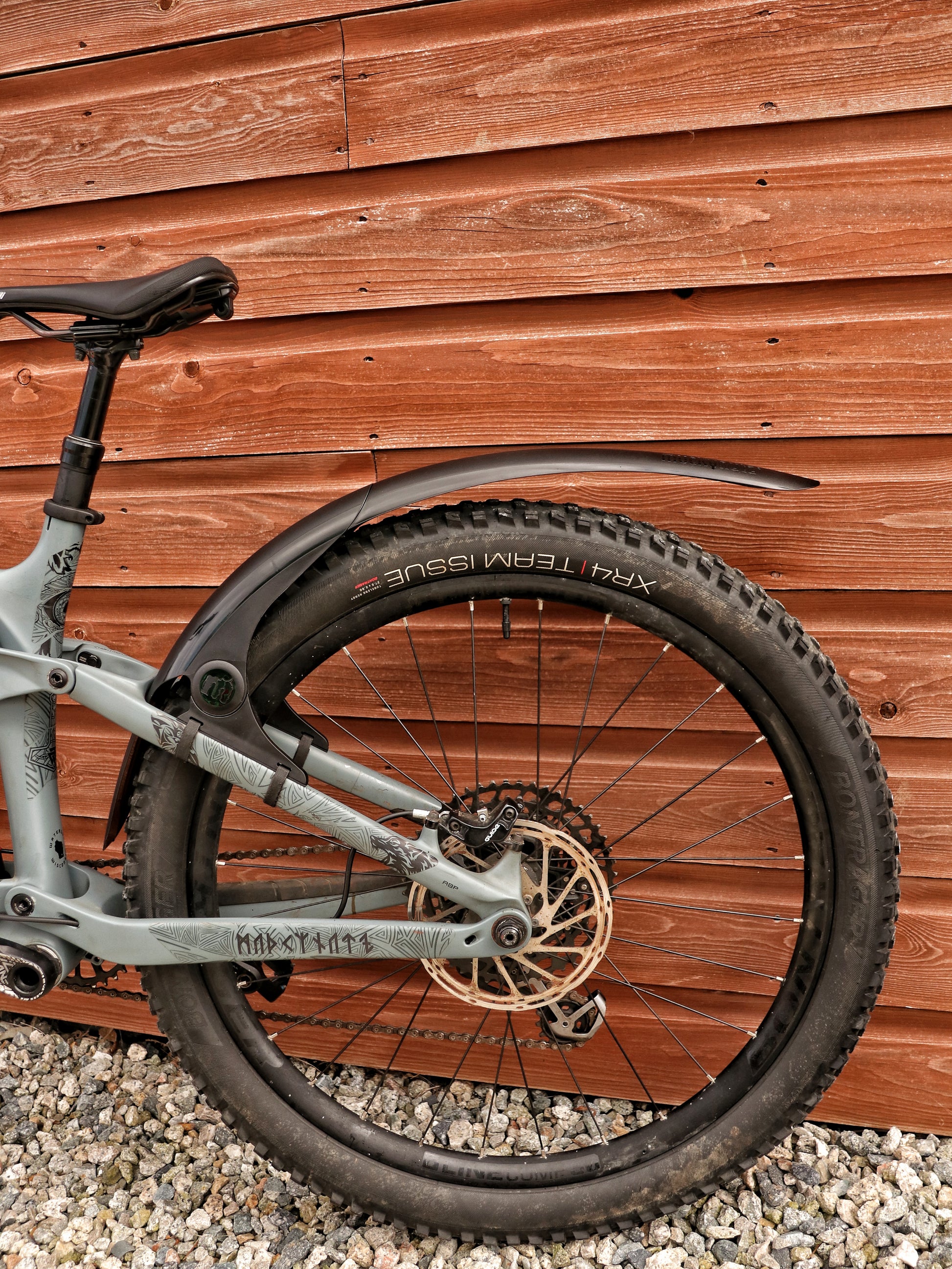 Mucky Nuts Rear MugGuard mudguard, long setup, side view on bike, recycled plastic, cycling gifts, mtb gift ideas