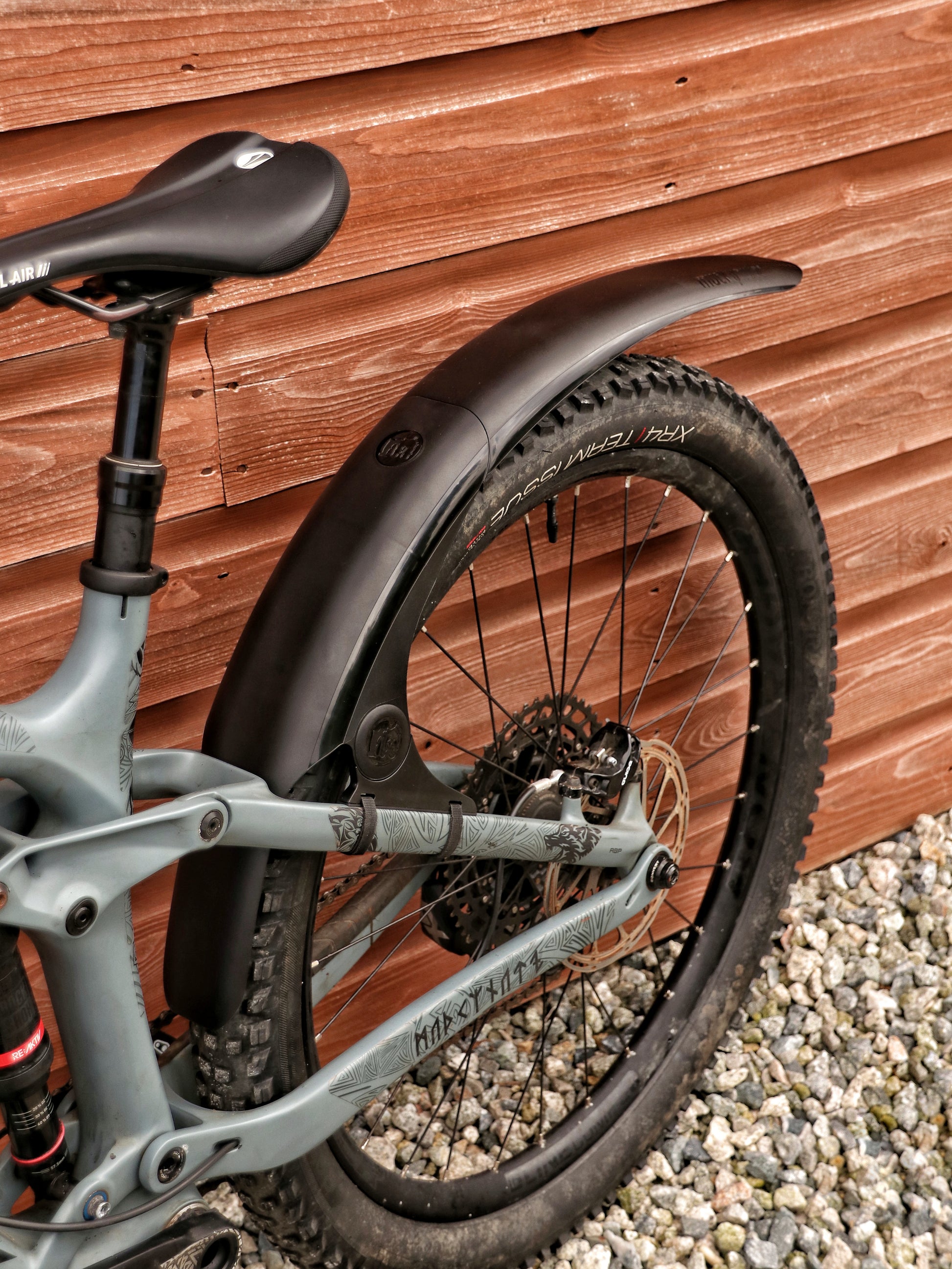 Mucky Nuts Rear MugGuard mudguard, long setup, 3 quarter view on bike, recycled plastic, cycling gifts, mtb gift ideas