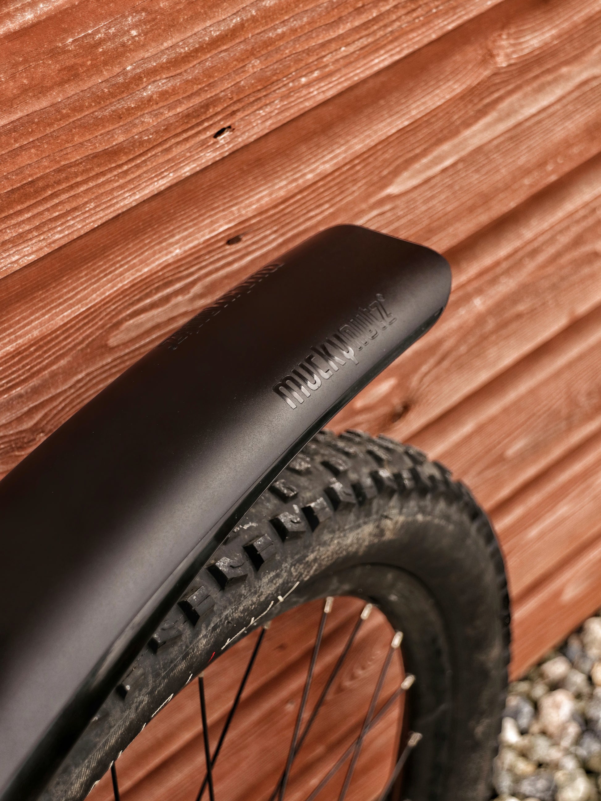 Mucky Nuts Rear MugGuard mudguard, long setup, 3 quarter view on bike, recycled plastic, cycling gifts, mtb gift ideas