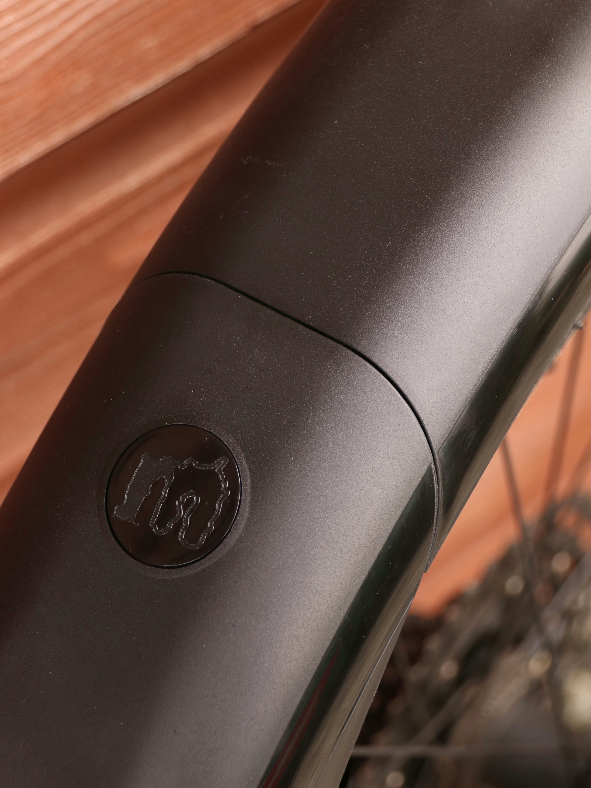 Mucky Nuts Rear MugGuard mudguard, long setup, 3 quarter view close up, on bike, recycled plastic, cycling gifts, mtb gift ideas