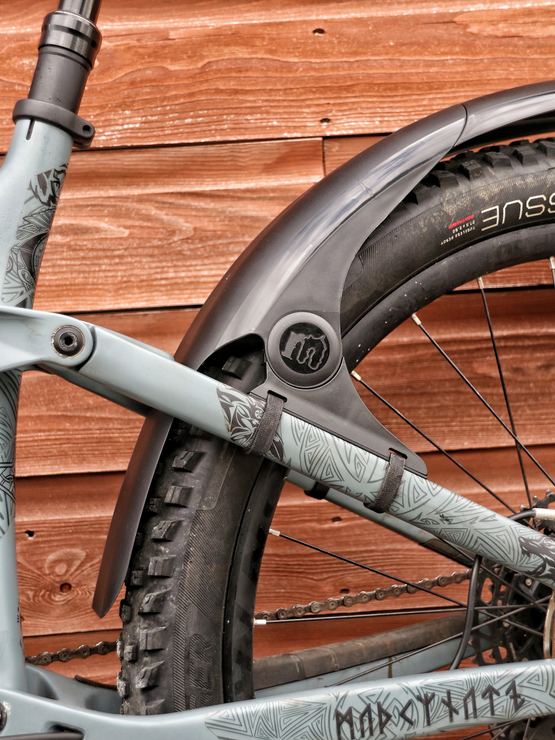 Mucky Nuts Rear MugGuard mudguard, long setup, side view on bike, recycled plastic, cycling gifts, mtb gift ideas
