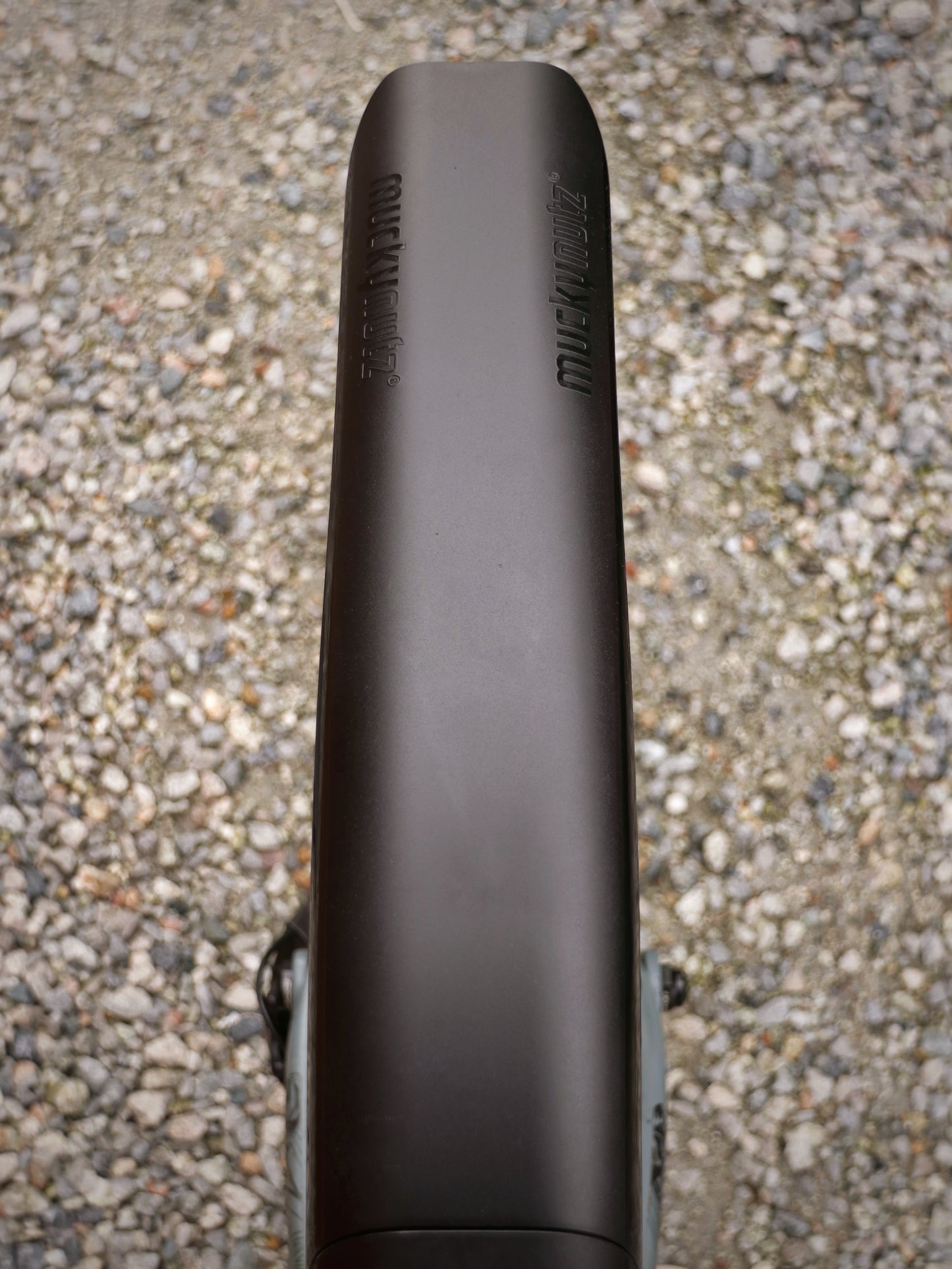 Mucky Nuts Rear MugGuard mudguard, long setup, close up view from above, recycled plastic, cycling gifts, mtb gift ideas