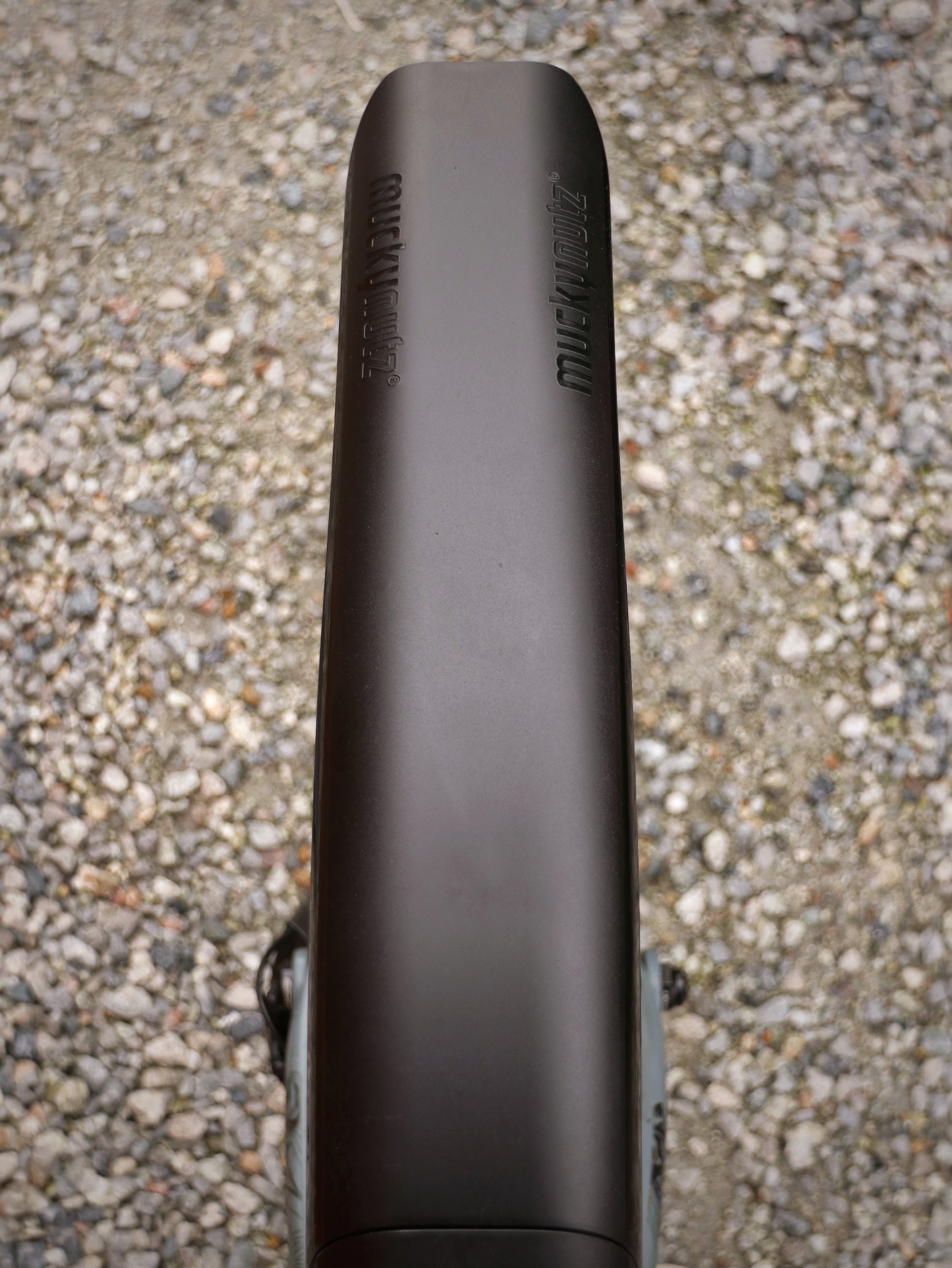 Mucky Nuts Rear MugGuard mudguard, long setup, close up view from above, recycled plastic, cycling gifts, mtb gift ideas