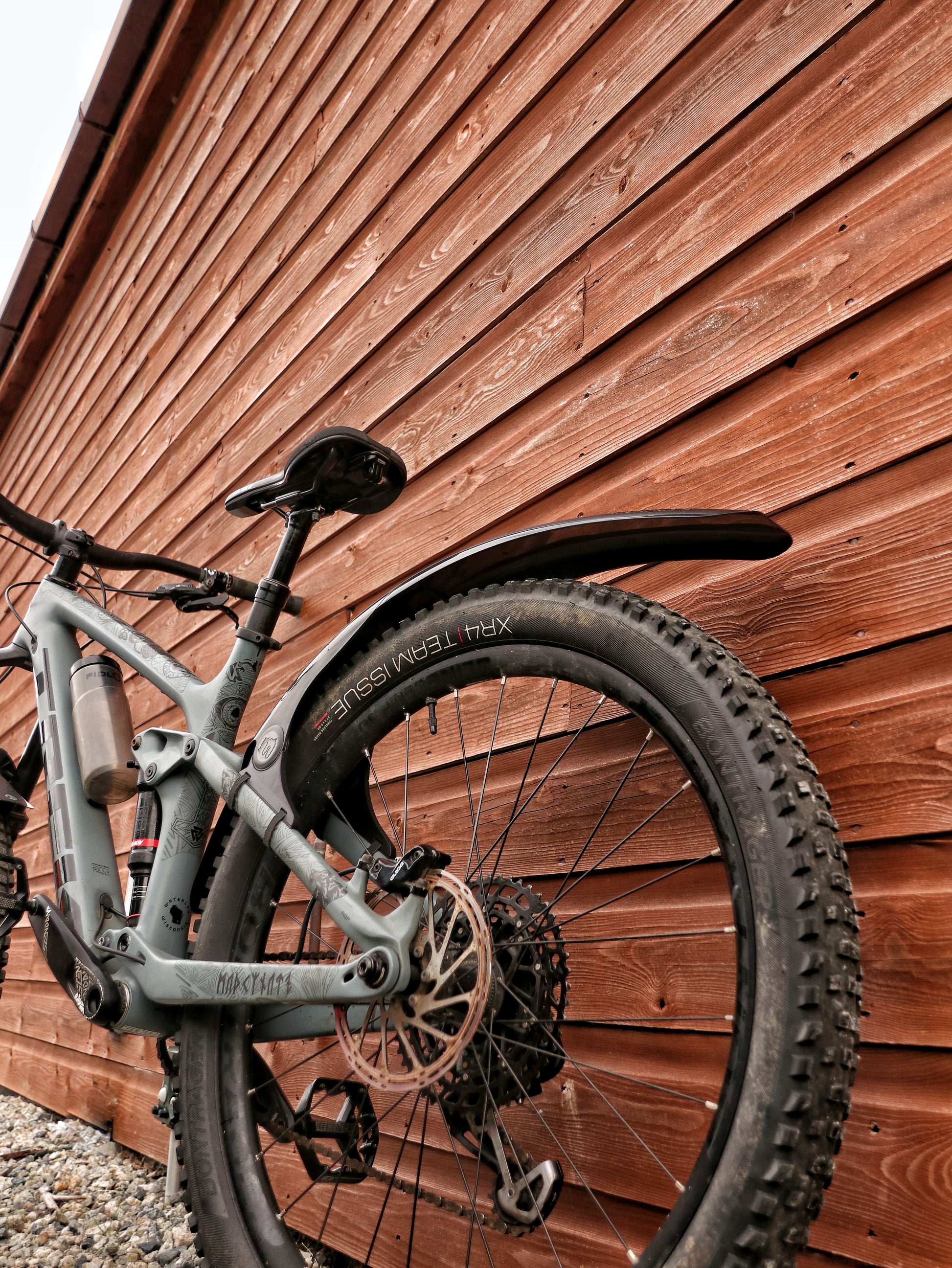 Mucky Nuts Rear MugGuard mudguard, long setup, on a bike view, recycled plastic, cycling gifts, mtb gift ideas