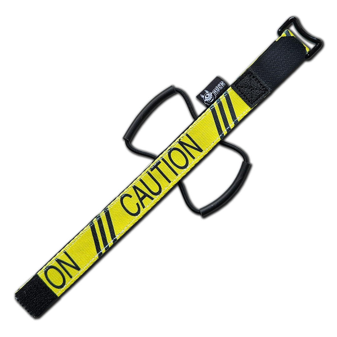 Huck Enduro Strap, Bike storage strap, Caution Tape design, yellow. gift idea for mountain bikers, perfect gifts for cyclists