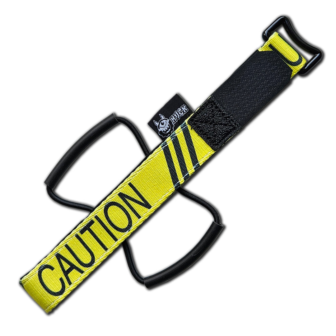 Huck XC Strap, Bike storage strap, Caution Tape design, yellow. gift idea for mountain bikers, perfect gifts for cyclists