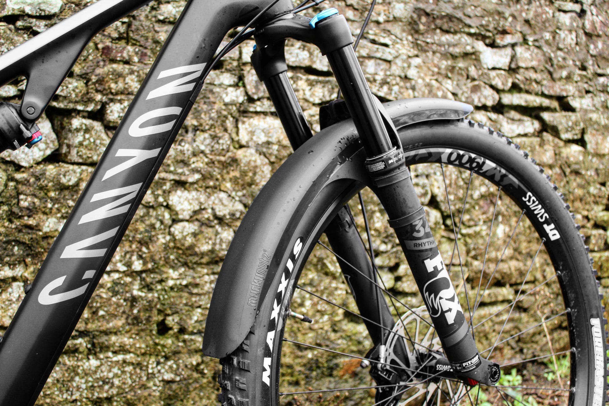 Mucky Nuts long front MugGuard mudguard, 3 quarter view on bike lifestyle, recycled plastic, cycling gifts, mtb gift ideas