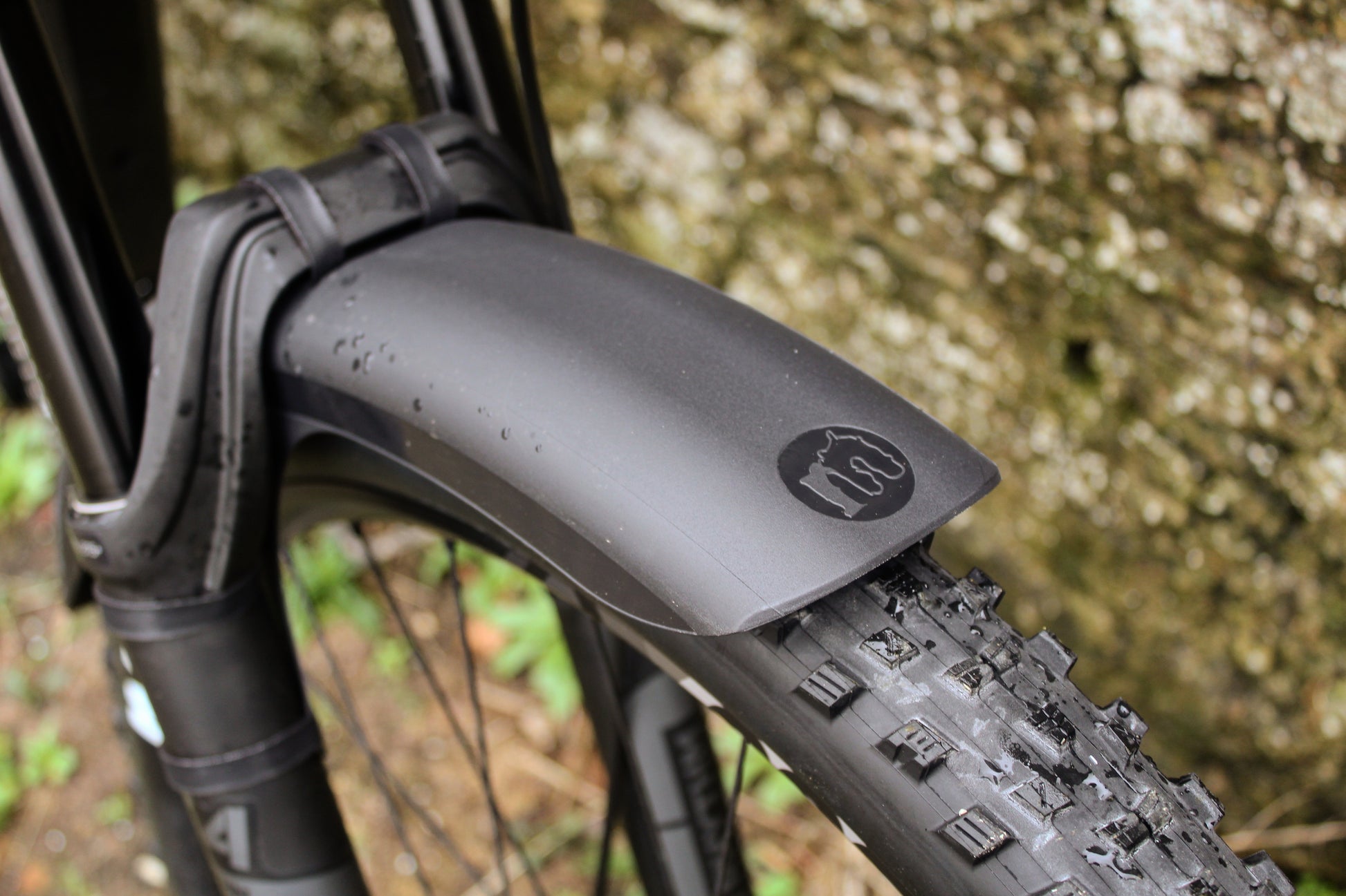 Mucky Nuts long front MugGuard mudguard, 3 quarter view on bike lifestyle, recycled plastic, cycling gifts, mtb gift ideas