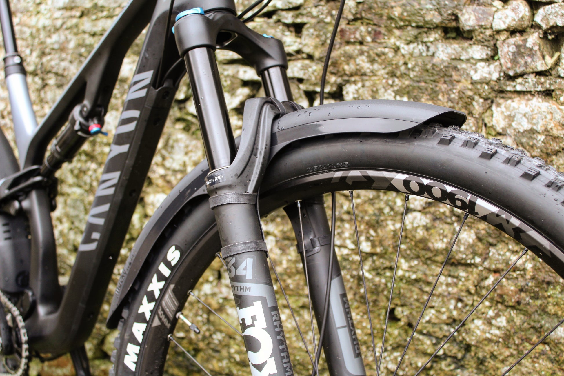 Mucky Nuts long front MugGuard mudguard, 3 quarter view on bike lifestyle, recycled plastic, cycling gifts, mtb gift ideas