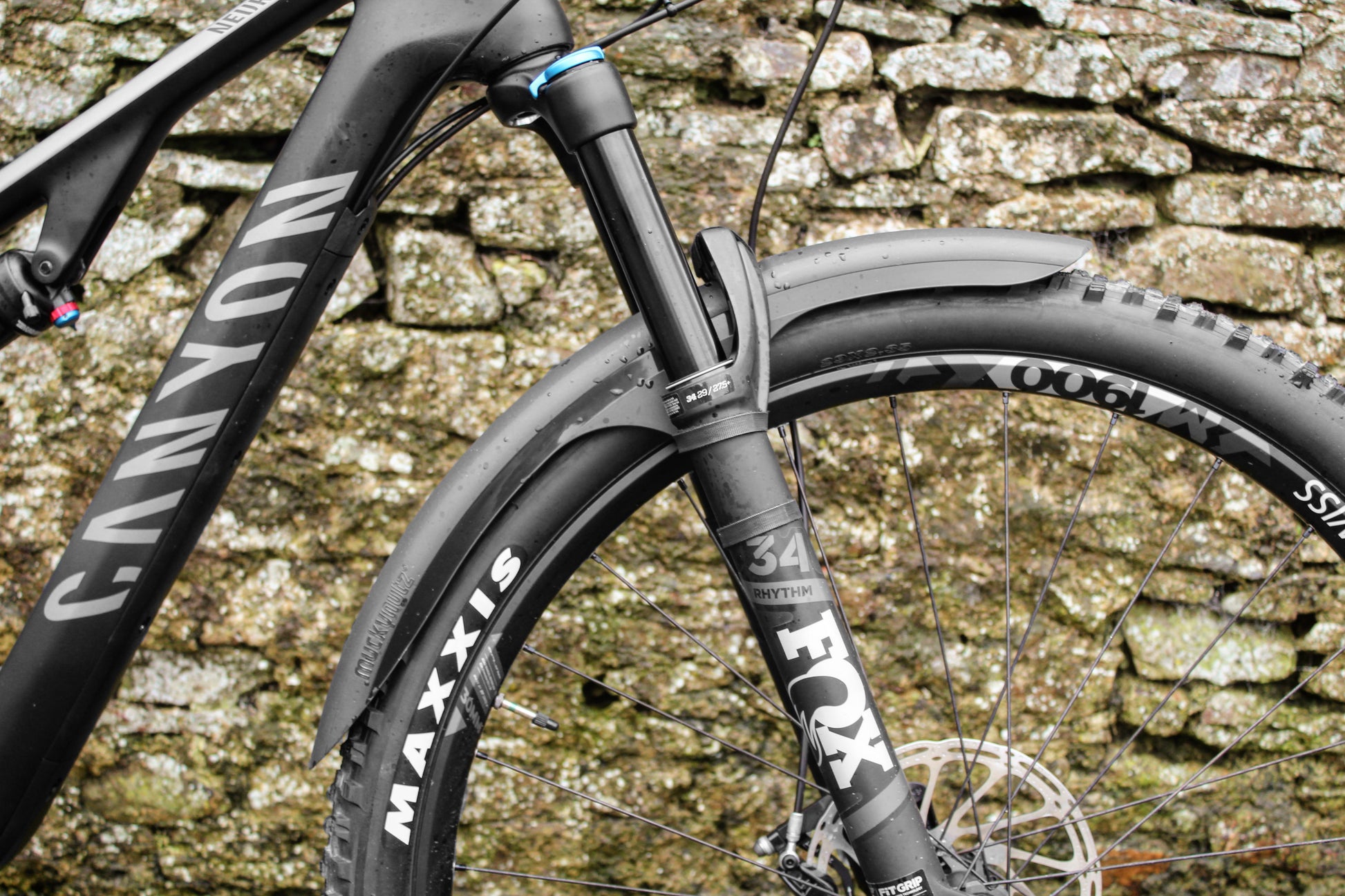 Mucky Nuts front long MugGuard mudguard, side view on bike, recycled plastic, cycling gifts, mtb gift ideas