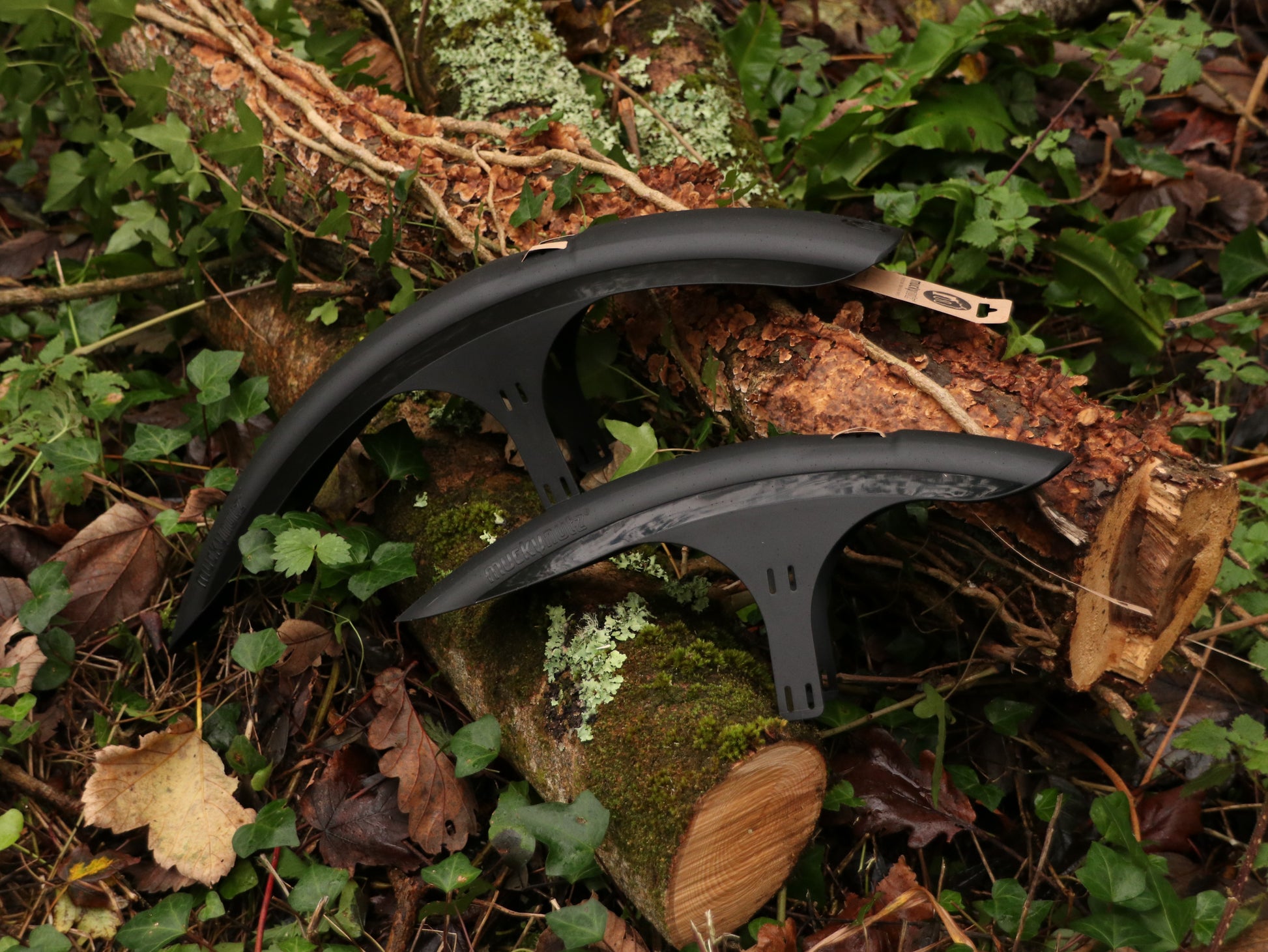 Mucky Nuts front MugGuard mudguard, long and short, side view lifestyle photo, recycled plastic, cycling gifts, mtb gift ideas