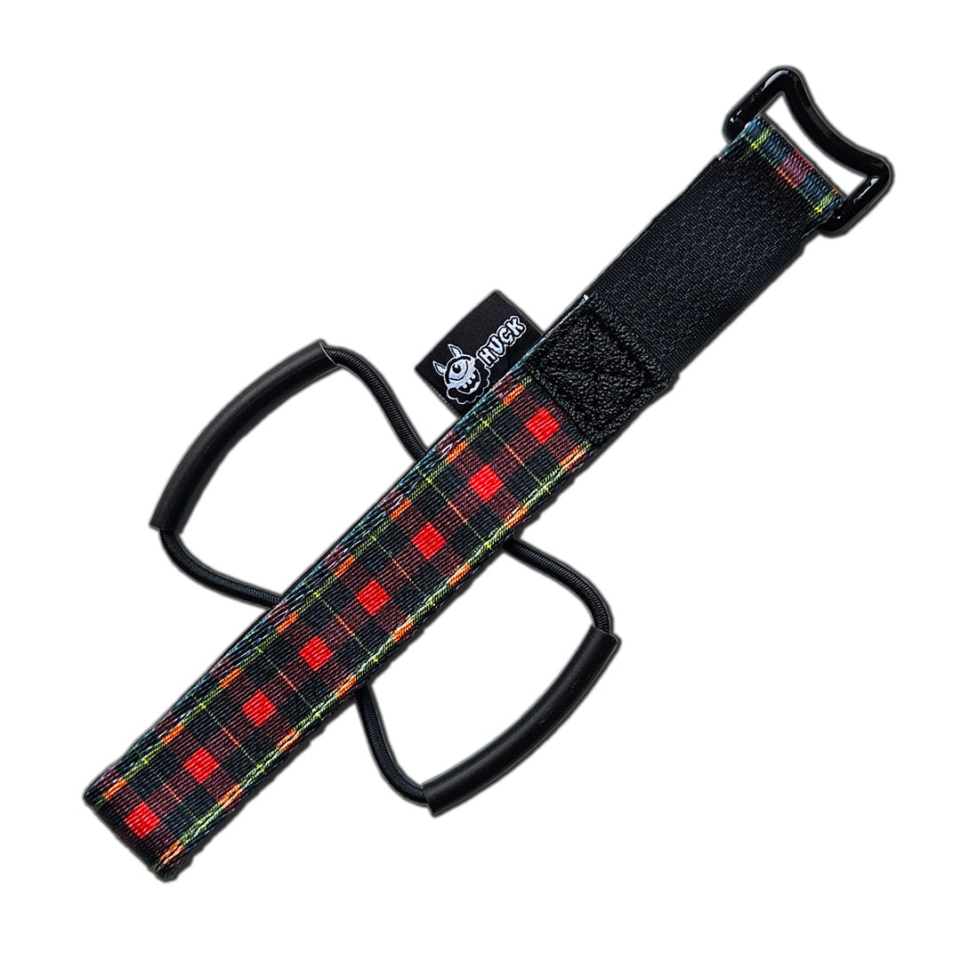 Huck XC Strap, Bike storage strap, Tartan design, Red, black and yellow. gift idea for mountain bikers, perfect gifts for cyclists