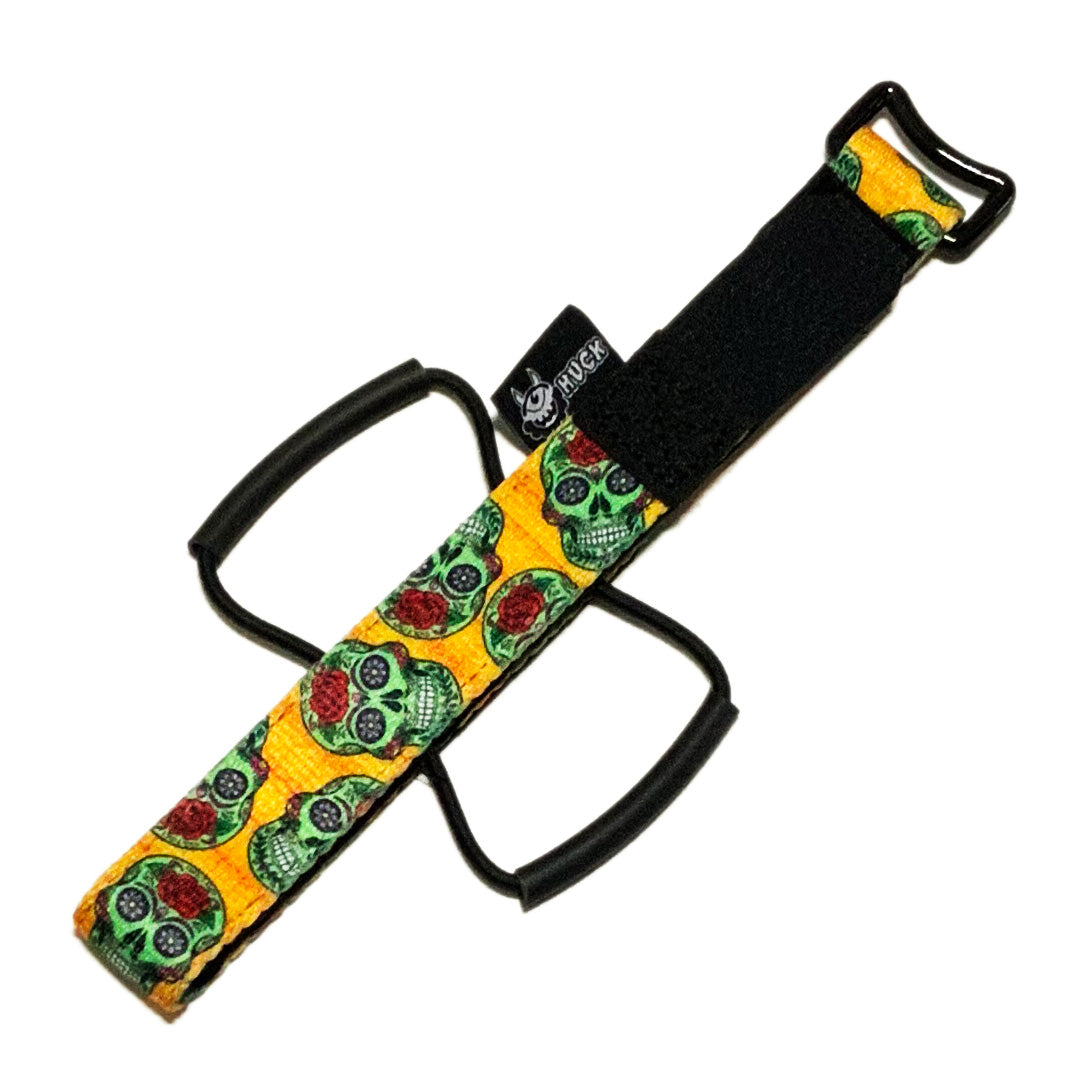 Huck XC Strap, Bike storage strap, Sugar Skulls design, yellow with green skulls. gift idea for mountain bikers, perfect gifts for cyclists