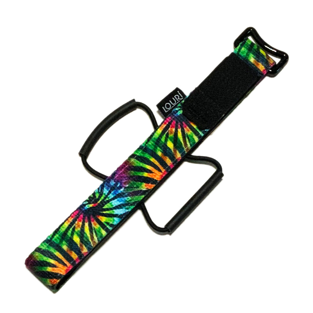 Huck XC Strap, Bike storage strap, Tie Dye design, green, red, yellow. gift idea for mountain bikers, perfect gifts for cyclists